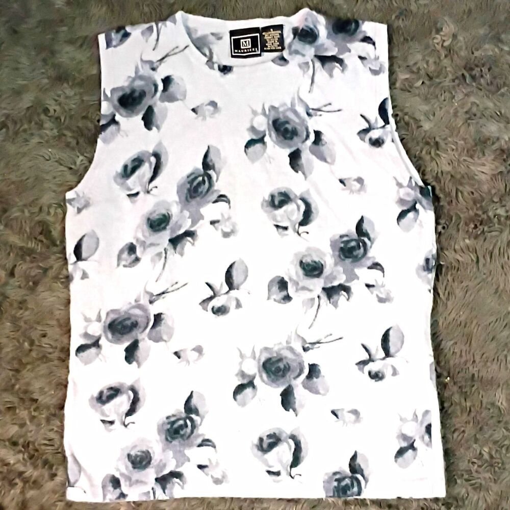Maurices Womens Gray White Floral Knit Sleeveless Crew Neck Pullover Sweater M